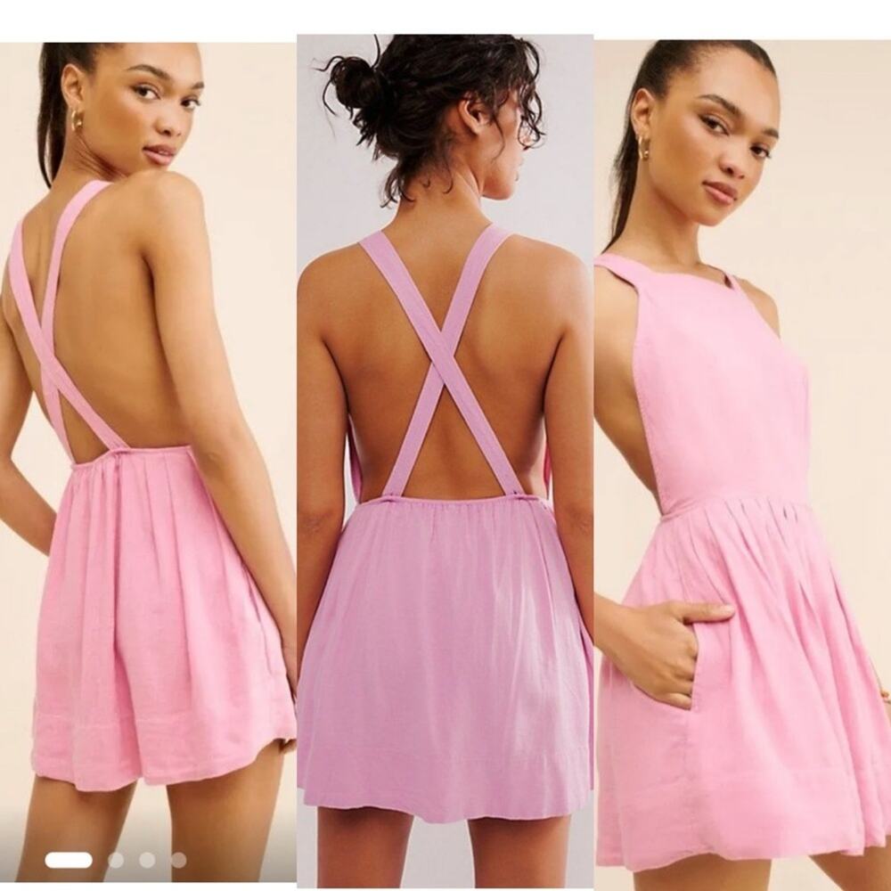 Free People‎ Melted Hearts Mini Dress Pink Small Linen Blend